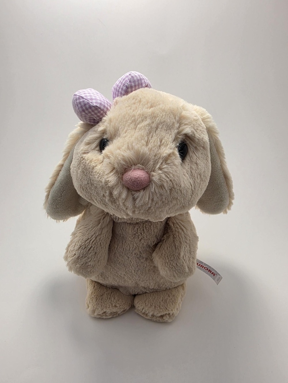 Aurora Beige Bunny Plush, Purple Bow Pink Nose, Soft Stuffed Animal (9 inch)